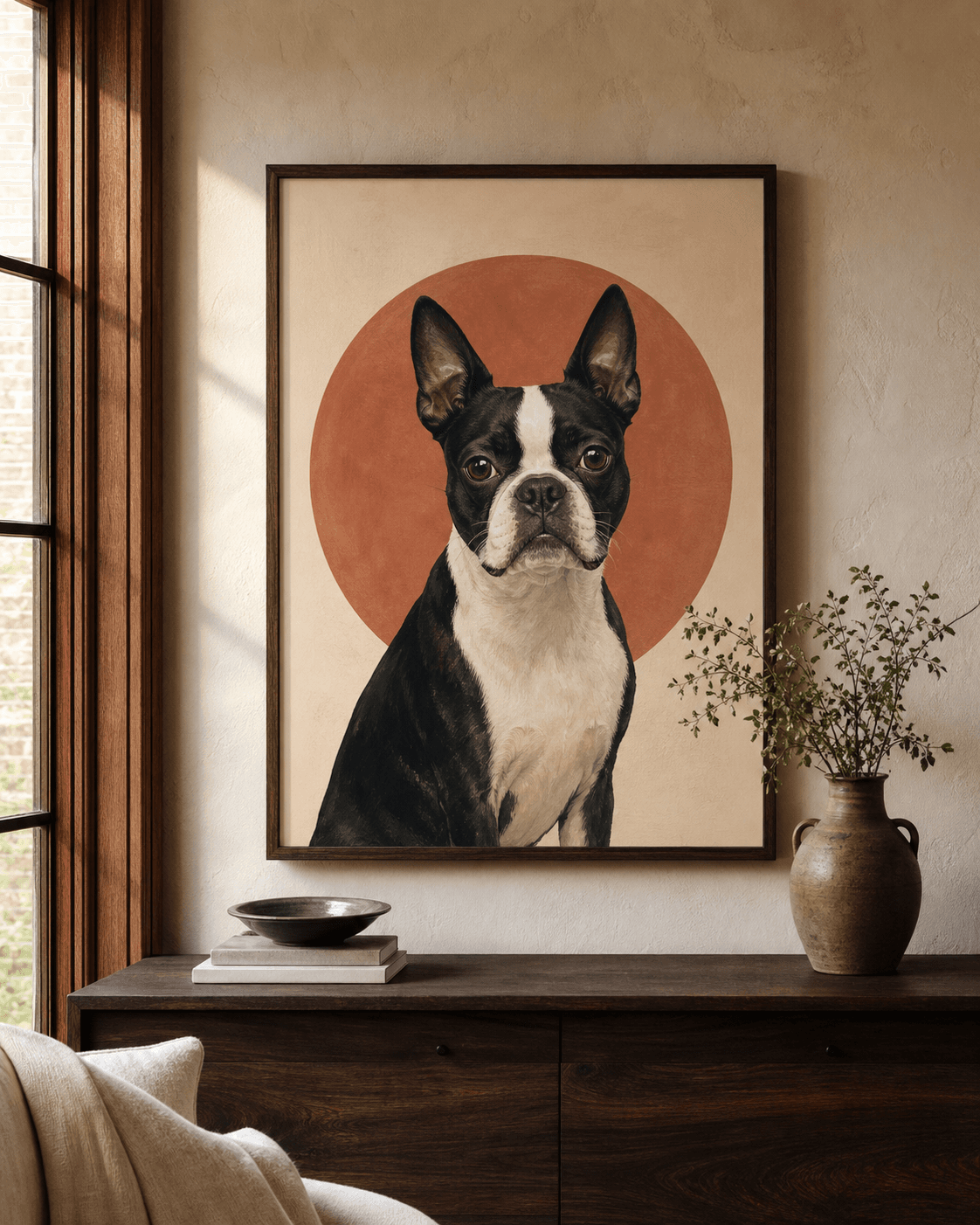 Custom pet portrait of a Boston terrier, printed and framed above a credenza